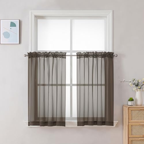 Image of Chyhomenyc Chocolate Brown Sheer Curtains 30 inch Length 2 Panels, Light Filtering Voile Rod Pocket Short Window Curtians for Bathroom Living Room Farmhouse Small Windows, 42Wx30L inches
