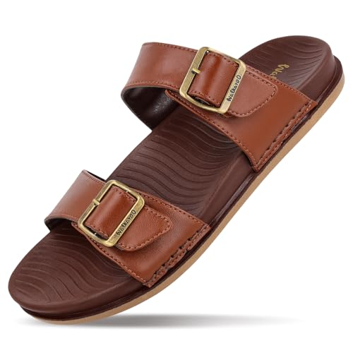 Image of WALKAROO Men's Fashion Sandals with Cushion Sole, Dual Straps with Buckles and Lightweight - WE1363 (Brown, UK Footwear Size System, Adult, Men, Numeric, Medium, 6)