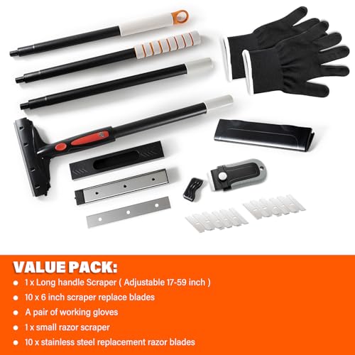 Image of Gomake Extendable Floor Scraper Heavy Duty 6 inch Wide Razor Blade Scraper Tool with 17''-59 inch （1.4ft- 4.9ft）Long Handle, 10PCS Extra Metal Blades for Cleaning Glass Wall Gum Paint Tile Glue
