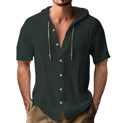 Sudadera con capucha para hombre, de lino y algodón, ligera, con bolsillo en el pecho, camisetas de playa, camisetas de verano con botones, camisas de cuello de abuelo, camisa de manga larga, camisa