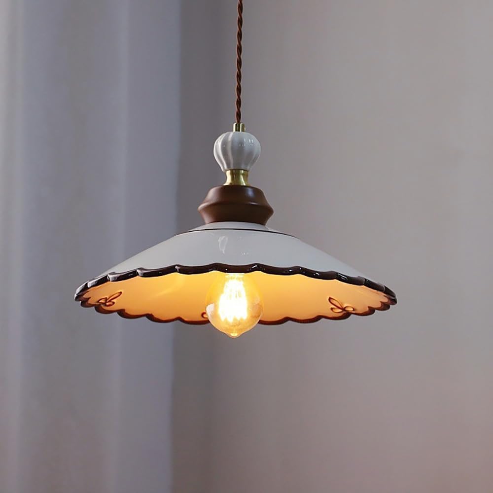 COSRUB Scalloped Ceramic Chandelier, White Porcelain Hanging Lamp with Wave Brown Trim Vintage Farmhouse Hand Painted Cone Pendant Lights for Bedside Living Room(33cm/12.99in)