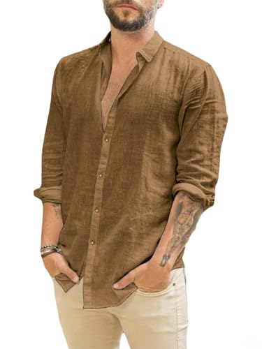 Runcati Chemise à manches longues en lin pour homme - Col rabattu - Chemise d'affaires - Chemise...