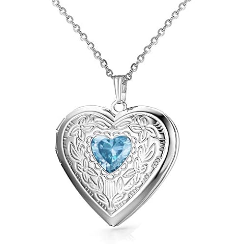 Birthstones Locket Necklace that Holds Pictures Love Heart Photo Locket Crystals Necklace Pendant Birthday Gifts (March) Cover