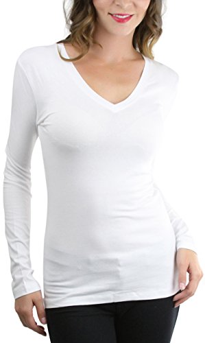 ToBeInStyle Women's Basic V-Neck Long Sleeve Tee - White - Large