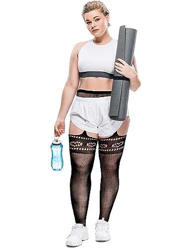 Jadive 6 Pairs Women Plus Size Fishnet Stockings Black Thigh High Tights Fits XL-XXXXL Net Suspender Pantyhose Garter Belt
