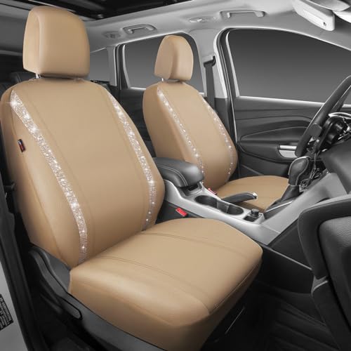 Image of CAR PASS Leather Bling Diamond Car Seat Covers 2 Front Interior Sets, Waterproof Universal Shining Glitter Crystal Sparkle Fit for 95% Automotive Truck SUV Cute Women Girl, Beige Rhinestone