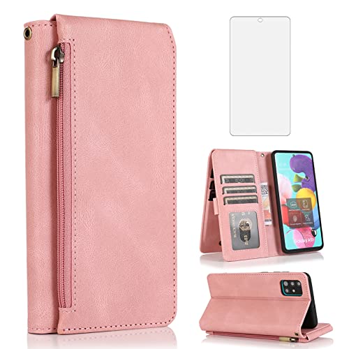 Coque portefeuille Samsung A51 5G premium or rose effet cuir et verre de protection