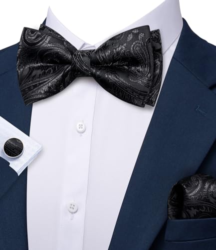 Image of Barry.Wang Paisley Striped Bow Tie for Men Silk Pre-Tied Bowtie Pocket Square Cufflinks Set Formal Wedding Party Prom