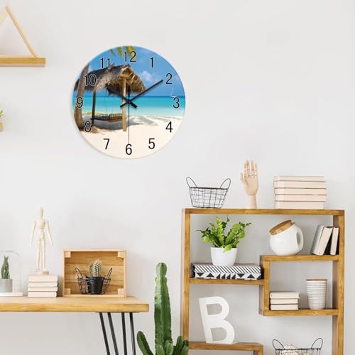 Image of XFM Tropical Beach Wall Clock Battery Operated 12 Inch | Silent Non-Ticking Battery Operated Blue Coastal Modern Decorative for Living Room Kitchen Bedroom Office