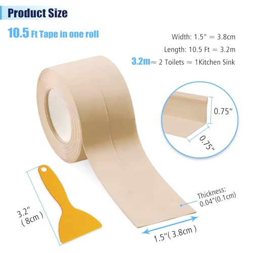Image of Waterproof Seal Caulk Strip Tape Self Adhesive for Sink Toilet Bathroom Wall Edge Bathtub Oil-Proof Caulking Sealing Tape 1.5 inch x 10.5' (W*L) 3Pcs Beige