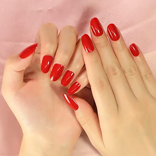 Imabc Medium Oval Glossy Press On False Nails Bright Blood Red Fake Nails Fingersnails Salon Manicure Faux Ongles For Women Girls Daily Reusable Nails #TOP1