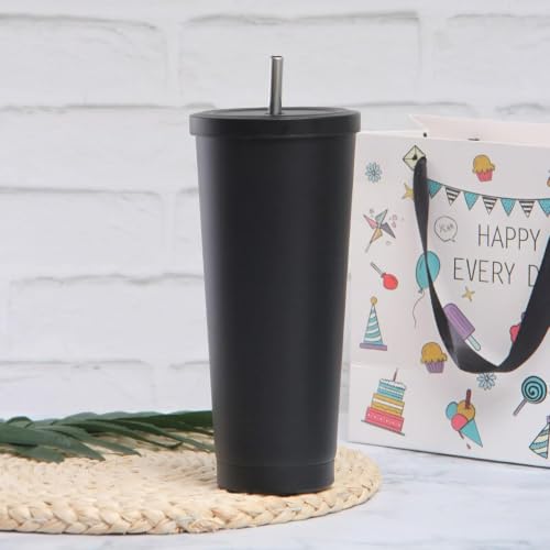 Image of NYRWANA Double Wall Vacuum Insulated Travel Stainless Steel Flask Tumbler with Steel Straw and Lid Hot and Cold Sipper (Black, 750 ml)