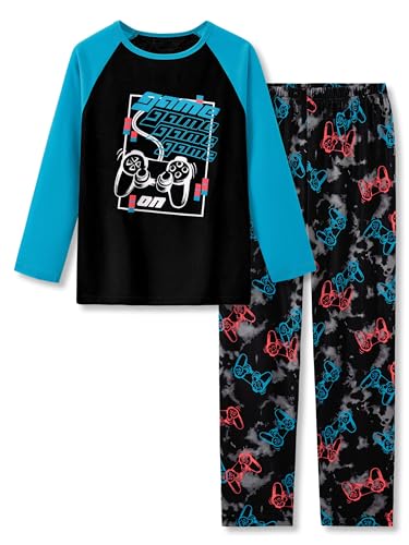 Beezizac Big Boys Pajamas Black & Blue Gamer 2-Piece Long Sleeve & Pants PJ Set Soft Kid Sleepwear Size 8