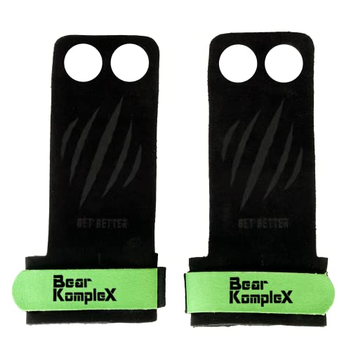 Bear KompleX 2 Hole Leather Hand Grips for Workouts, Pull-ups, Weightlifting, WOD Gymnastics, Crosstraining Palm Grips with Wrist Wraps, Hand Protection from Rips and Blisters,1 Pair