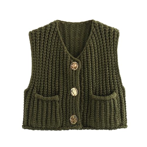 Image of UAURORAO Women Chunky Sweater Vest Button Down Crochet Cable Knit Cardigan Sleeveless Open Front Knitted Crop Waistcoat