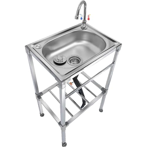 Lavello multifunzione in acciaio inox a vasca singola – Lavello portatile autoportante da giardino con rubinetto dell'acqua per ristorante, bar, gara, lavanderia, campeggio e ripostiglio