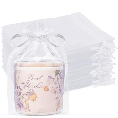 Crweety 50 Pcs White Organza Bags 6x9 Inches, Large Mesh Gift Bags Drawstring, Jewelry Treat Mesh Bag Drawstring for Wedding Party Favors Baby Shower Halloween