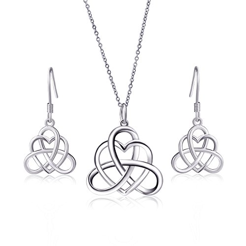 925 Sterling Silver Good Luck Vintage Irish Triquetra Celtic Knot Heart Pendant Necklace and Earrings Jewelry Set for Women Girls Bridesmaid Girlfrind Gift