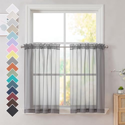 Image of OVZME Charcoal Grey Sheer Curtains 36 inches Long, Short Kitchen Window Treatment Solid Sheers Cafe Curtains Bathroom Voile Half Window Curtains 2 Panels, Rod Pocket, 42 inch Wx36 L