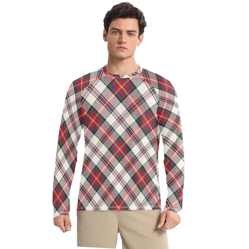 Christmas Plaid Scotland Red Men's UPF 50+ Swim Shirts Lightweight Round Neck Men's Sun Shirt Long Sleeve Outdoors