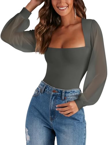 Image of PINKMSTYLE Women's Square Neck Double Lined Mesh Long Sleeve Bodysuits | Sheer Puff Sleeve Body Suit,Slim fit Trendy Going Out Tops,Concert Outfit