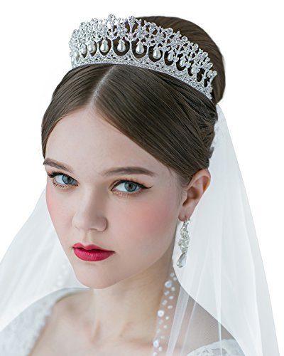 SWEETV Princess Diana Tiara for Women, Silver Pearl Wedding Crown for Bride, Rhinestone Costume Accessories for Birthday Party Prom