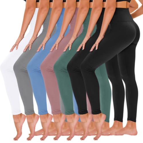 TNNZEET 7 Pack Leggings for Women - High Waisted Yoga Pants with Pockets Black Leggings Women Full Length & Capri No Pocket Large-X-Large Black*2/ Ins Green/ Dark Pink/ Sky Blue/ Light Grey/