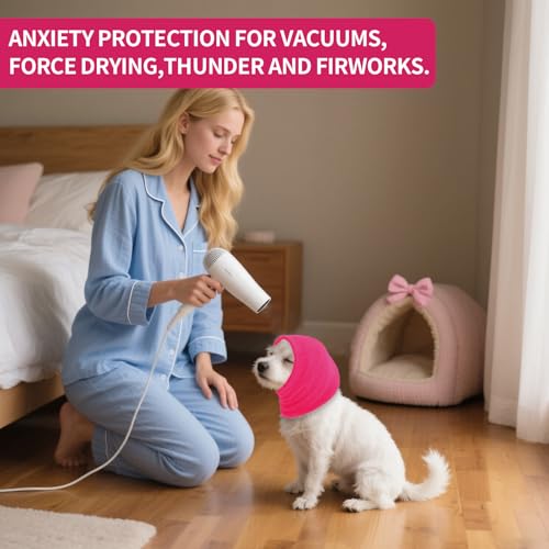 Image of Dog Calming Hoodie Cat Anxiety Relief Cover,Double Layer Thickened Pet Ears Protector Soft Elastic Neck Band Noise Cancelling Ear Muffs for Grooming,Force Drying,Bath,Fireworks (Pink, Small)