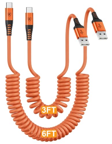 Image of Coiled USB A to USB C Cable for Car [3FT+6FT], USB to USB C Cable Fast Charging 60W, USB Type C Cable iPhone Charger USBC Cord for iPhone 17 /16 /15 /Pro Max /Plus /Samsung Galaxy S26 /S25 /Ultra-Orange