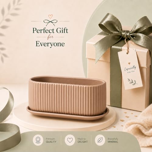 Image of Xtore Ceramic Ribbed Planter with Tray | Matte Finish | for Home & Office Decor - (Pack of 1, Pastel Brown, Planter ONLY)