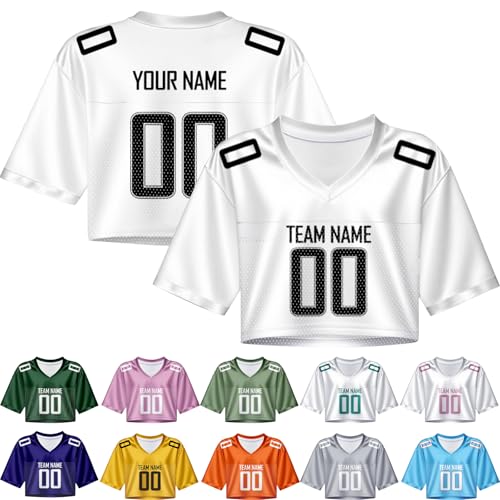 Custom Football Jersey Crop Tops for Women Personalised Name Number Jersey Shirt V Neck Hip hop Streetwear for Girls XS~XL, Style1, White