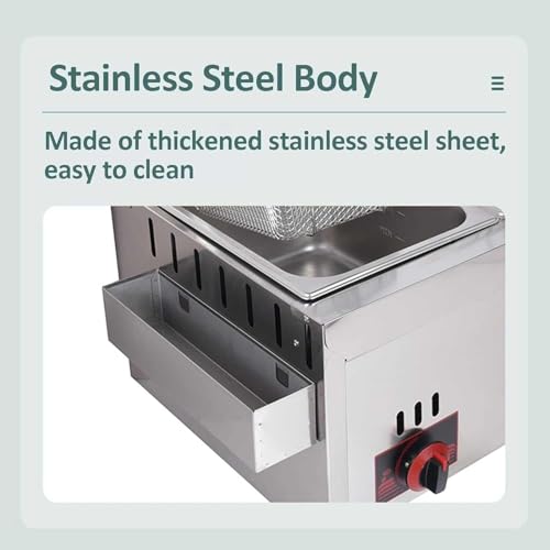 Kommerzielle Gas-Fritteuse mit 2 gebratenen Körben – 10 l x 2 große Kapazität, Edelstahl, Fritteuse für Restaurant, Café, freistehende Temperaturregelung – Bild 6