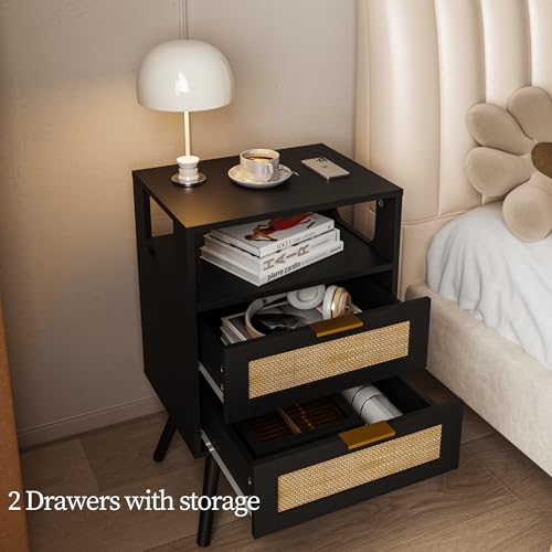 Image of JOONEE Rattan Nightstand,Farmhouse Bedside Table with 2 Storage Drawer and Open Wood Shelf, for Bedroom and Small Spaces,Night Stand with Solid Wood Legs (Black)