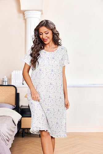 Image of Ekouaer Nightgowns for Women with Pockets Button Front Short Sleeve House Dresses Floral Print Mumu Dress
