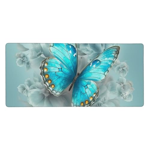 Grand tapis de souris de jeu étendu 90x40 cm papillon bleu ciel pour bureau et maison