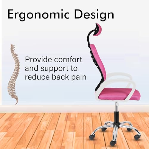Image of Casa Copenhagen,Mesh Office Desk,Rocking, Ergonomic Computer Chair Adjustable High with Headrest and Comfortable Armrest Swivel Chair - Pink & White Handle