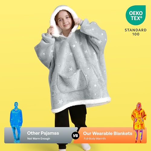 Image of Giggling Getup Glow in The Dark Wearable Blanket Hoodie for Girls and Boys Warm Cozy Sherpa Fleece Hooded Blanket Sweatshirt Oversized Hoodie with Giant Pocket & Sleeves for Kids Cat