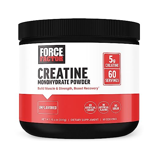 Force Factor Creatine Monohydrate, Creatine Powder for Muscle Gain, More Strength, and Faster Workout Recovery, Clinically Studied Micronized Creatine 5g Dose Per Serving, Unflavored, 60 Servings