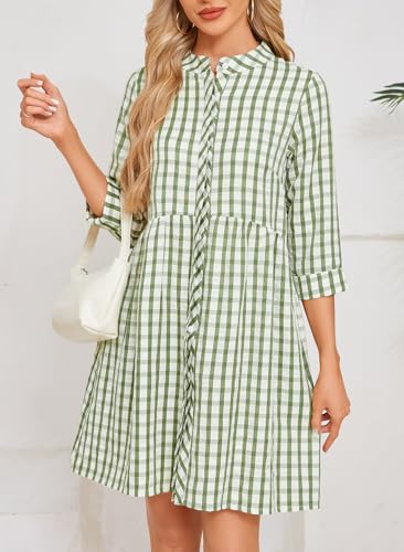 Ladyful Women's 3/4 Sleeve Plaid Mini Dress Gingham Button Down Crewneck Casual Checkered Tunic Shirt Dress4