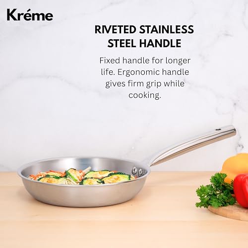 Image of Kreme Platina Triply Stainless Steel Frying Pan - 1.45 L, 22 cm | 2.5 mm Thick Tri ply Cookware | Heavy-Bottom Frypan for Healthy, Low-Oil Cooking | Induction and Gas Compatible | Scratch Resistant