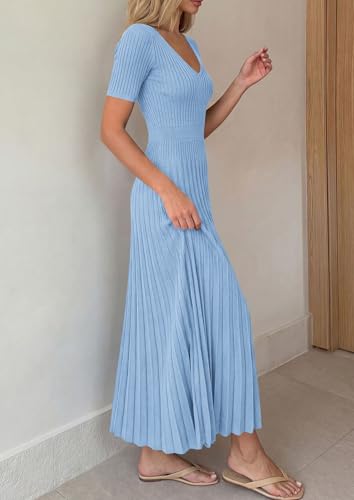 Image of PRETTYGARDEN Women's 2026 Spring Midi Sweater Dresses Elegant Pleated Ribbed Knit Short Sleeve V Neck A Line Summer Outfits