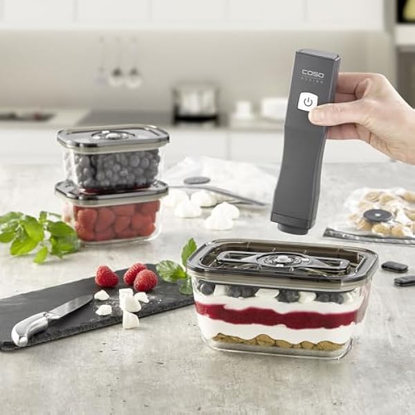 CASO Vacu OneTouch Eco-Set с 3 стеклянными вакуумными контейнерами 10 карманами на молнии и беспроводной наклейкой-менеджером продуктов с временем работы до 150 минут