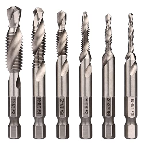 Wolfride 6Pcs 1/4-Inch Hex Shank Combination Drill And Tap Bit Set Metal Deburr Countersink Drill Bit 1/8 Inch-3/8 Inch #TOP13