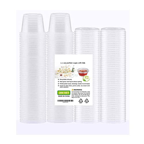 Tashiliving [200Sets-5.5Oz Clear Plastic Disposable Portion Cups With Lids, Souffle Cups, Condiment Cups,Jello Shots, Slime & Medicine Premium Small Plastic Containers #TOP6