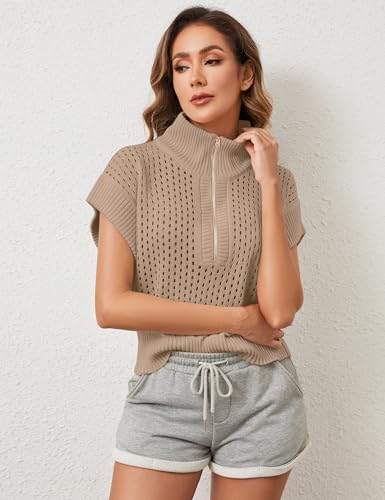Image of Womens Spring Cap Sleeve Crochet Sweaters Loose Fit Quarter Zip Lightweight Hollow Out Beach Vacations Clothes