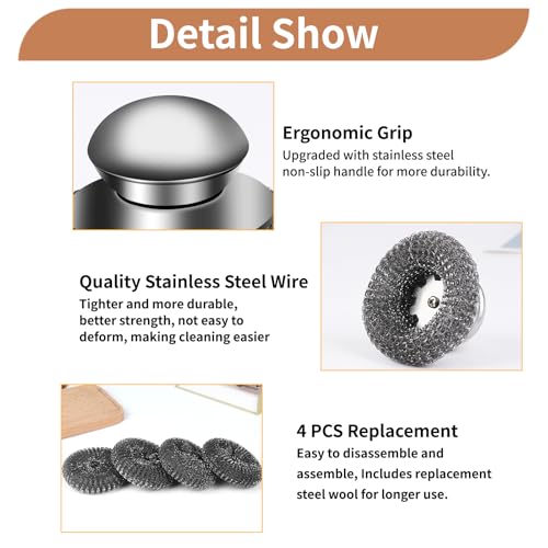 image for VinYankee 5Pcs Steel Wool Scrubber with Replacement Wire Sponge Pads S