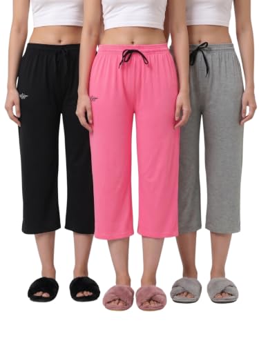 Image of Fflirtygo Women's Cotton Plain Calf Length Capri | Nightwear Pajama | 3 /4th Solid Pyjama Pant | Black Navy and Lavender Lounge Pants | Casual wear & Lounge Wear Capri Combo (Pack of 3)