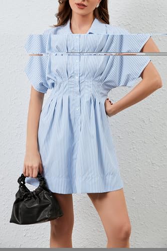 Image of Women Summer Short Sleeve Button Front Pleated Shirt Dress Striped Collar V Neck Casual Y2k Swing Short Mini Dress