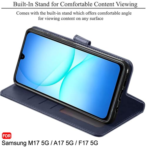 Image of TheGiftKart Flip Cover Back Case for Samsung Galaxy M17 5G / A17 5G / F17 5G | Genuine Leather Finish | Designer Button | Inbuilt Pockets & Stand | Flip Cover Back Cover Case (Faux Leather, Blue)