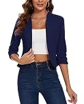 MINTLIMIT Crop Blazer for Women 3/4 Ruched Sleeve Jacket Blazers Elegant Open Front Suit Plain (Navy S)